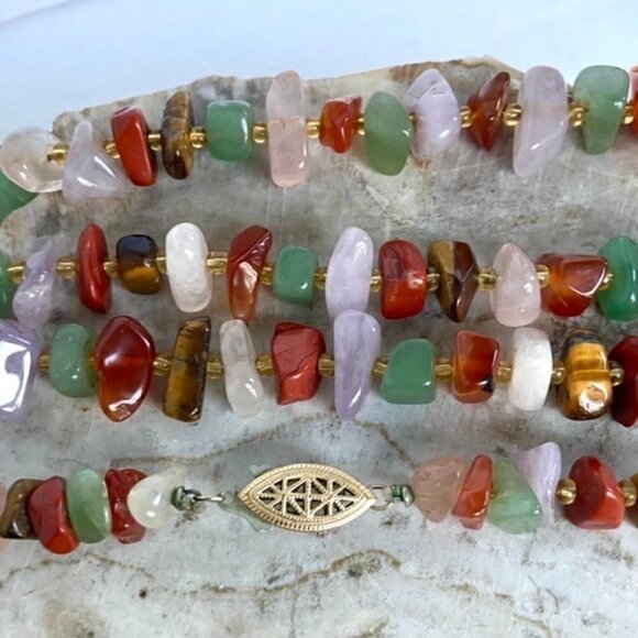 VTG Multi Gemstone Beaded 29" Necklace 14K Gold Filled Filigree Fish Hook Clasp - Picture 13 of 16